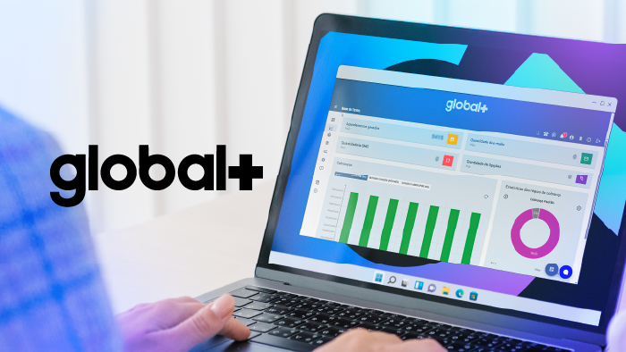 O novo software de gestão de cobrança do mercado imagem do CRM Global+ na tela de um notebook