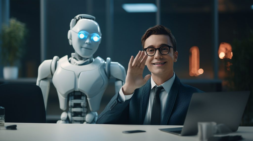 Atendimento com IA vai muito além do uso de chatbots imagem de um humano e um robô trabalhando lado a lado