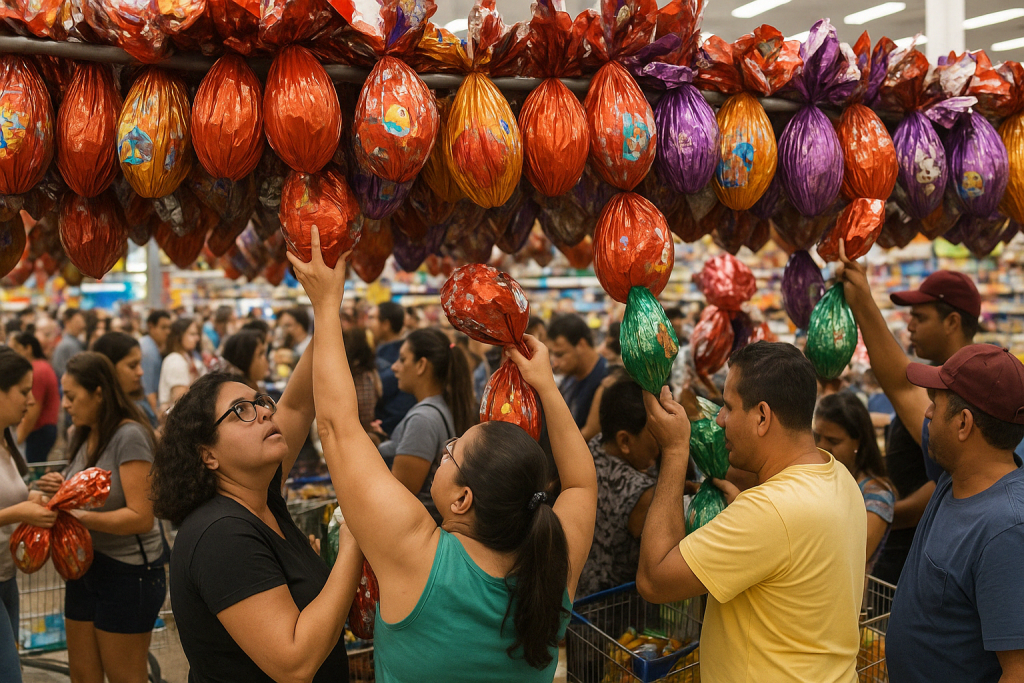 O impacto da Páscoa na economia brasileira homem pegando um ovo de páscoa na gôndola do supermercado