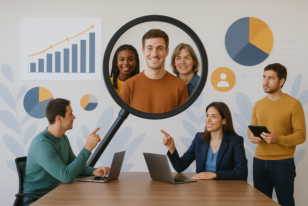 A importância de conhecer o público como estratégia para vender mais imagem de pessoas em uma sala apontando para um grupo de pessoas semelhantes entre si