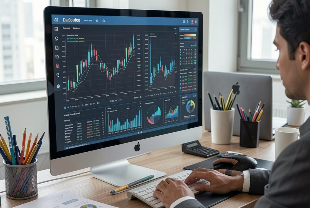 Gestor financeiro analisando dados de ferramenta com IA